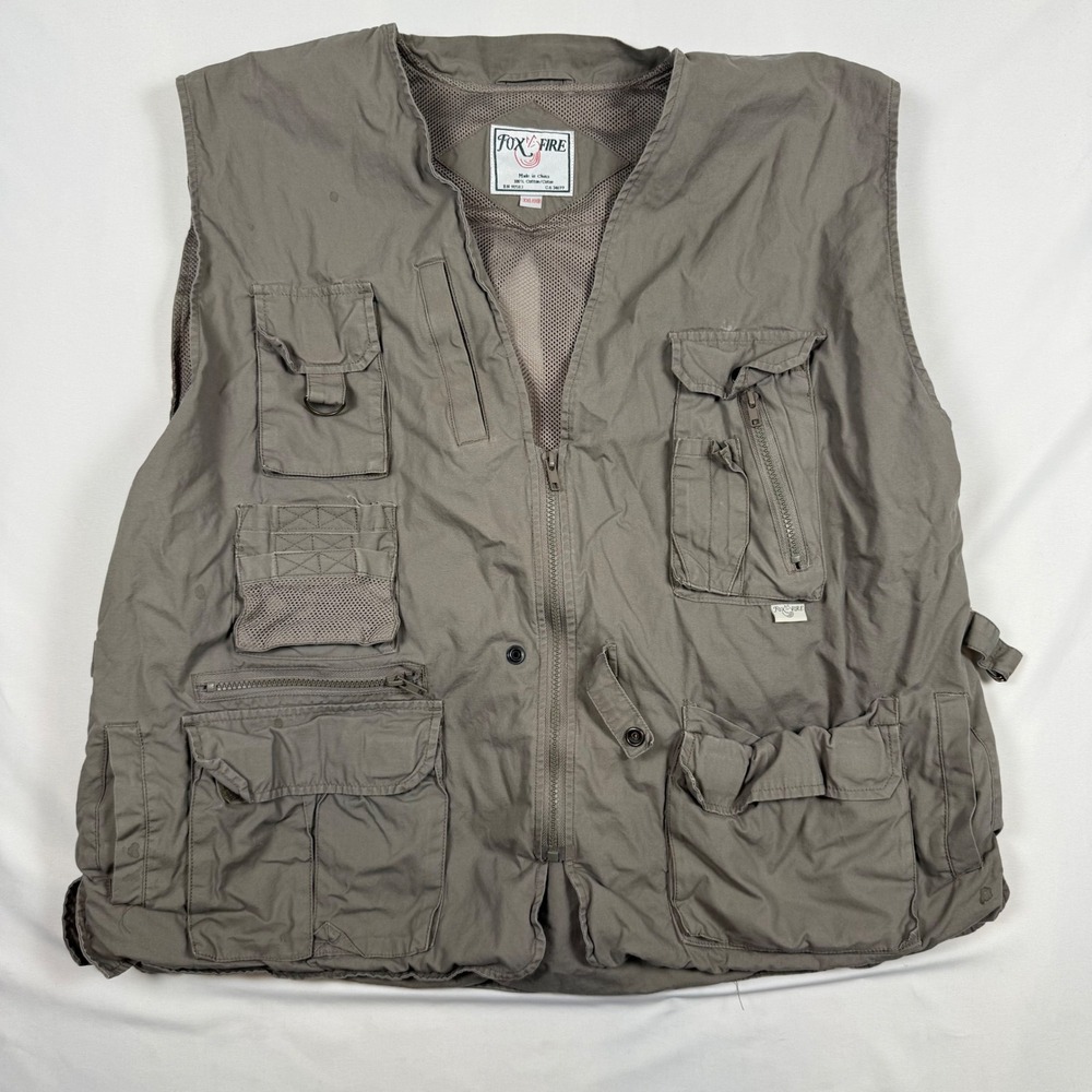 Fox Fire Mens XXL Fishing Utility Vest Khaki Tan Multi Pocket Cotton Mesh Back